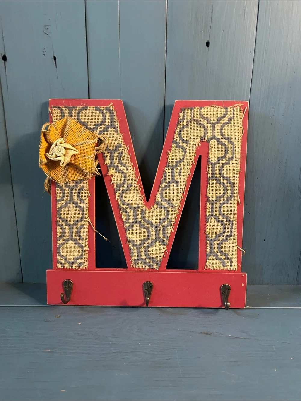 Hand Crafted Red Burlap Letter “M” Wall Hook with Yellow Burlap Flower